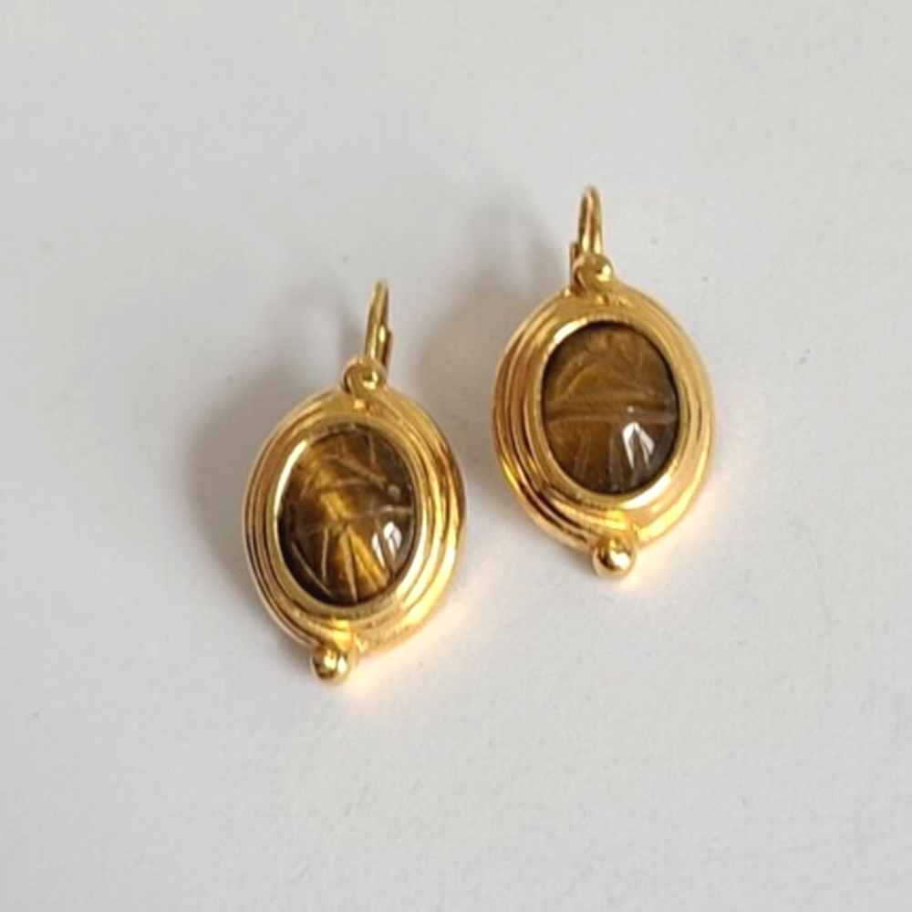 Vintage Boho Egypt Gold Plated Carved Scarab Tiger's Eye Cabochon Drop Earrings